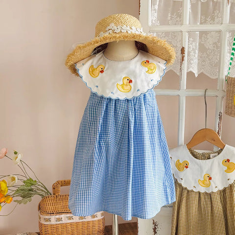 Girls Rubber Ducky Bib Gingham Dress