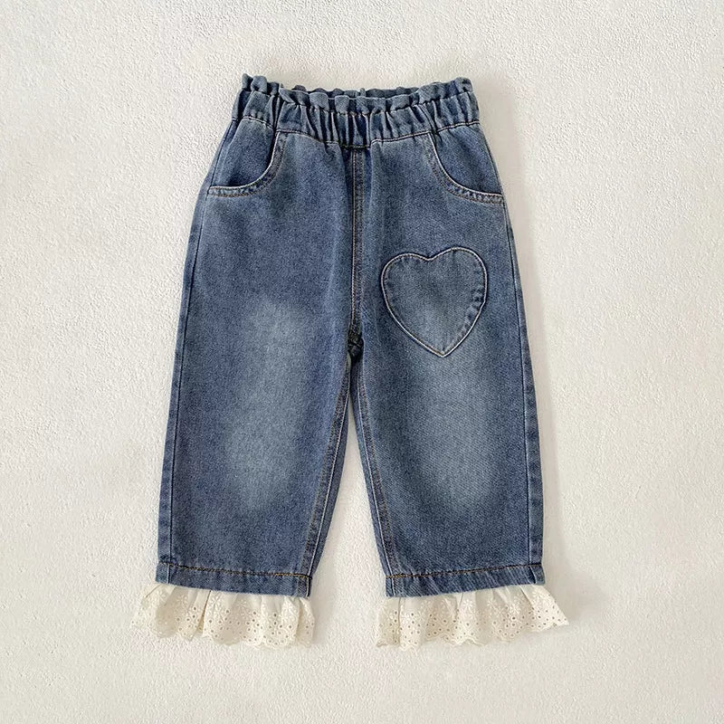Girls Ruffle Lace Hem Heart Patch Jeans