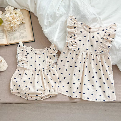 Girls Heart Print Cotton Ruffle Bodysuit Dress