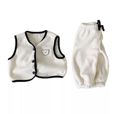2 Pc Baby Boy Contrast Binding Vest & Pants Fleece Set