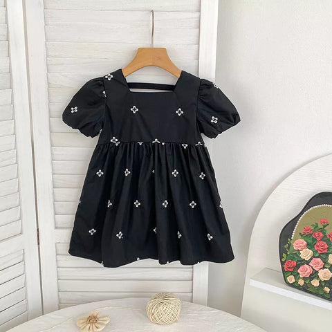 Girls Clover Embroidery Bubble Sleeve Bodysuit Dress