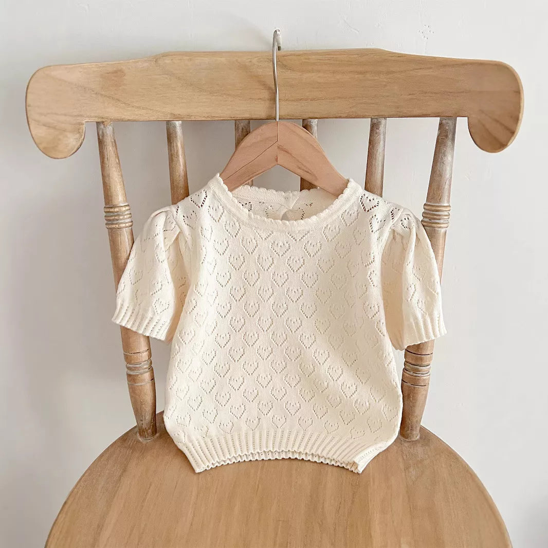 Baby Girl Pointelle Heart Short Sleeve Pullover