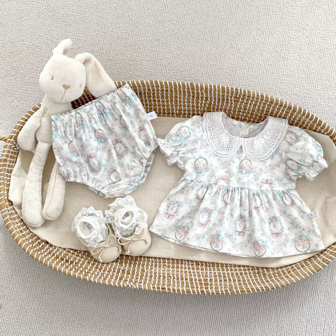 2 Pc Baby Girls Vintage Rabbit Print Shirt & Bloomer Set