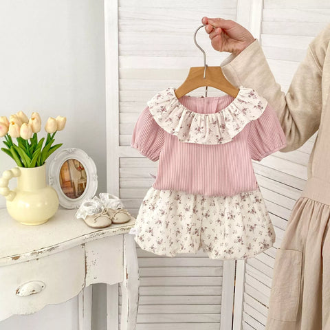 2 Pc Baby Girl Ribbed Tee & Floral Bloomer Shorts