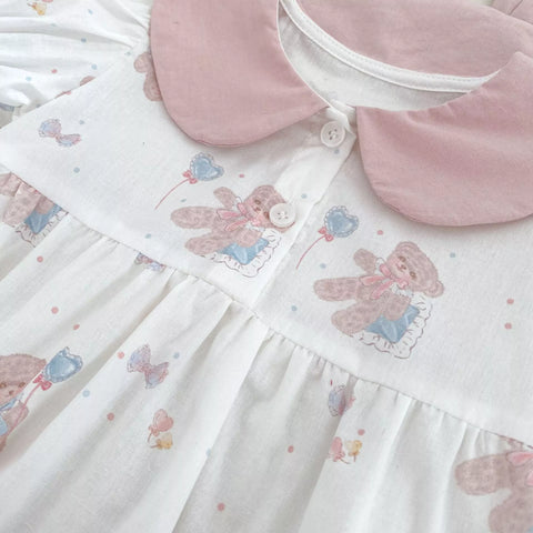 Baby Girl Teddy Bear Print Ear Collar Bodysuit