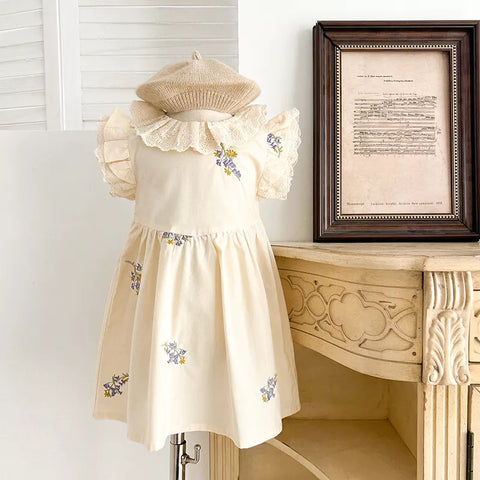 Girls Flower Embroidery Ruffle Collar Bodysuit or Dress
