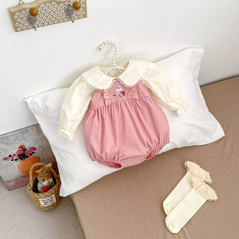 2 Pc Baby Girl Collar Shirt & Bunny Overall Bodysuit