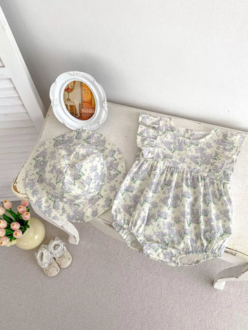 2 Pc Baby Girl Lavender Flower Bodysuit w/ Hat