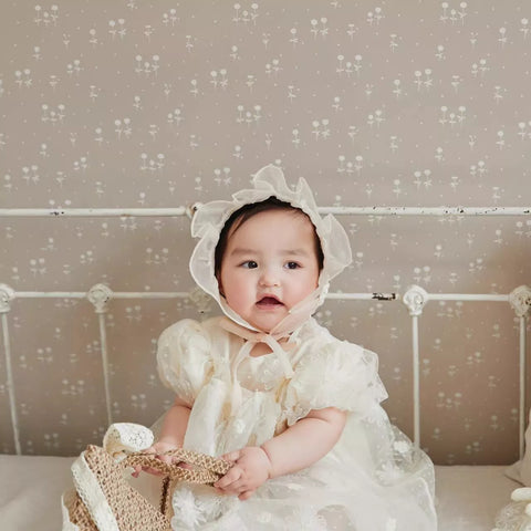 Baby Girl Elegant Flower Emb Mesh Puff Sleeve Dress