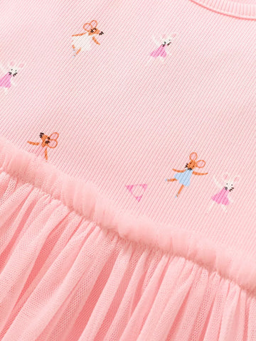 Girls Mouse Dancing Print T-shirt Tulle Skirt Dress
