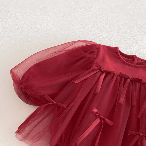 Baby Girl Red Ribbon Tulle Bodysuit Dress