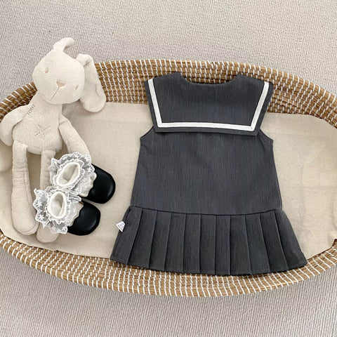 2 Pc Girls Contrast Ribbon Pinafore Dress