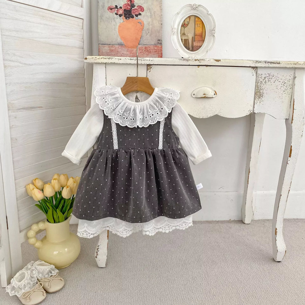 2 Pc Girls Polka Dot Lace Layered Dress