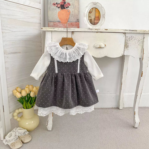 2 Pc Girls Polka Dot Lace Layered Dress