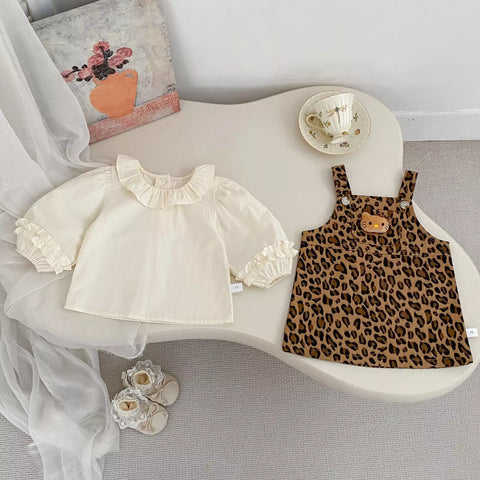 2 Pc Girls Leopard Print Cat Overall w/ Shirt
