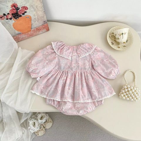 Baby Girl Pink Vintage Floral Ruffle Collar Dress