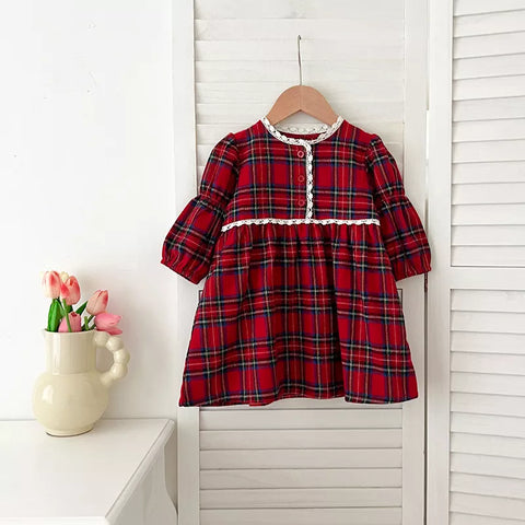 Girls Red Plaid Lace Trim Bodysuit or Dress
