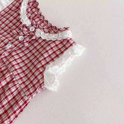 2 Pc Baby Girl Plaid Lace Trim Bodysuit w/ Bandana