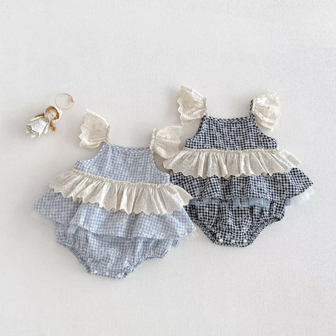 Baby Girls Gingham Lace Sleeve Bodysuit Dress