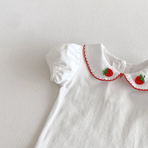 3 Pc Strawberry Overall Bodysuit w/ Collar Shirt & Hat