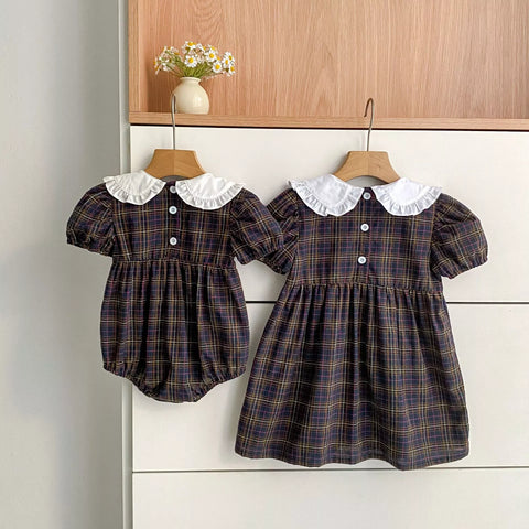 Girls Smocked Fall Plaid Ruffle Peter Pan Collar Bodysuit or Dress