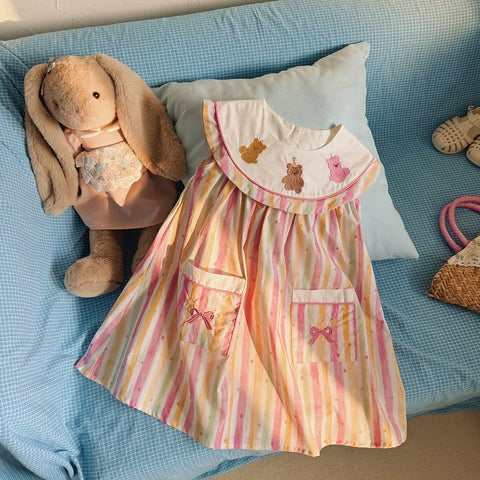 Girls Party Bear Circle Collar Rainbow Dress