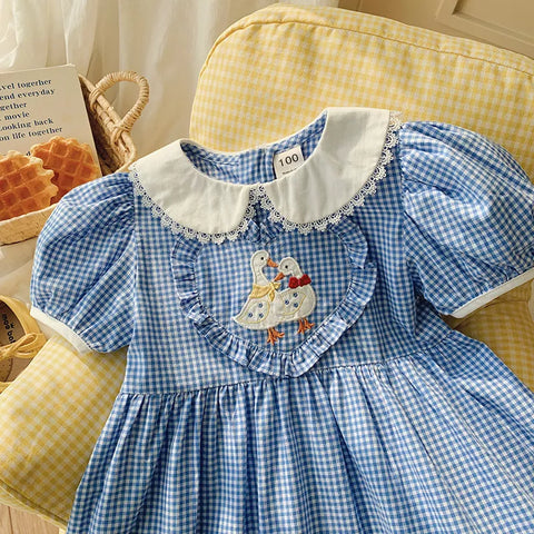 Girls Gingham Plaid Ducklings Heart Dress