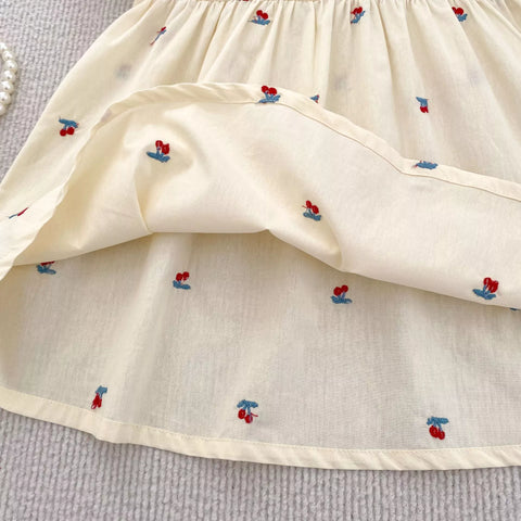 Girls Cotton Cherry Embroidered Puff Sleeve Bodysuit or Dress