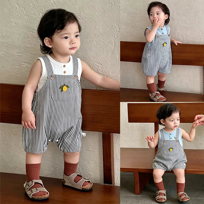 Baby Stripe Lemon Embroidered Overalls