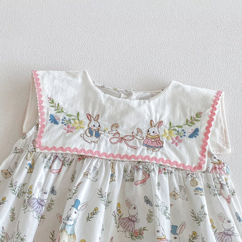 Baby Girl Square Bib Collar Bunny Print Bodysuit