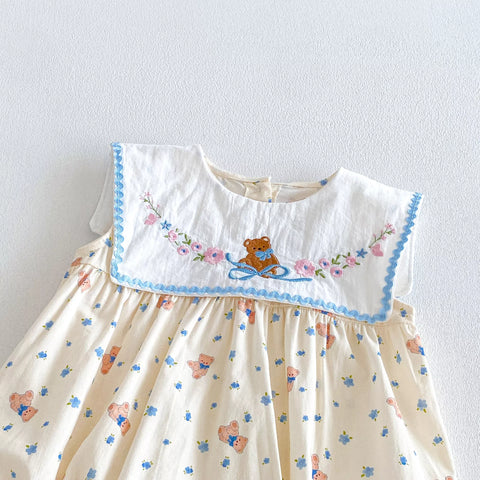 Baby Girl Square Bib Collar Bear Print Bodysuit