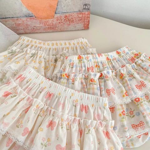 Girls Tiered Ruffle Bow Print Skirt
