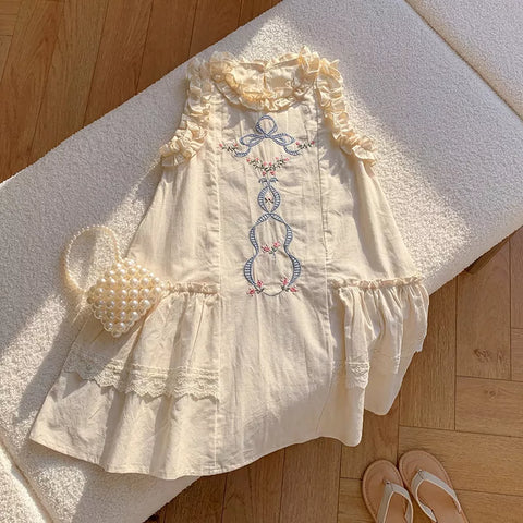 Girls Ruffle Low Waist Ribbon Emb Dress