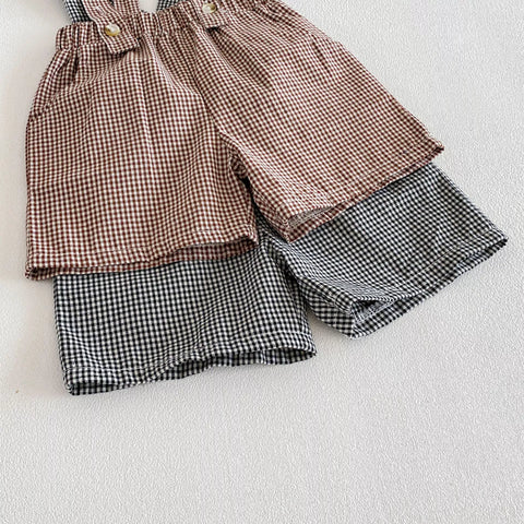 2 Pc Boys Plaid Suspenders Shorts & Shirt Set