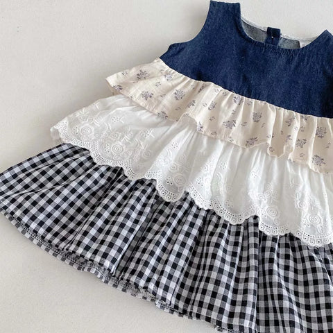 Girls Ruffle Tiered Mix Fabric Skirt Dress