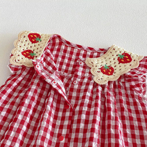 Baby Girl Crochet Strawberry Gingham Romper