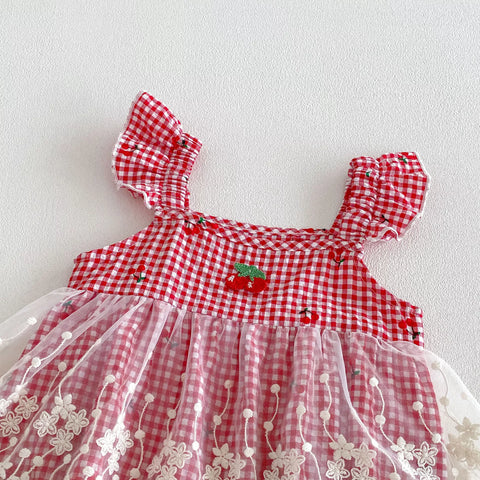 Baby Girl Cherry Plaid Lace Overlay Bodysuit Dress