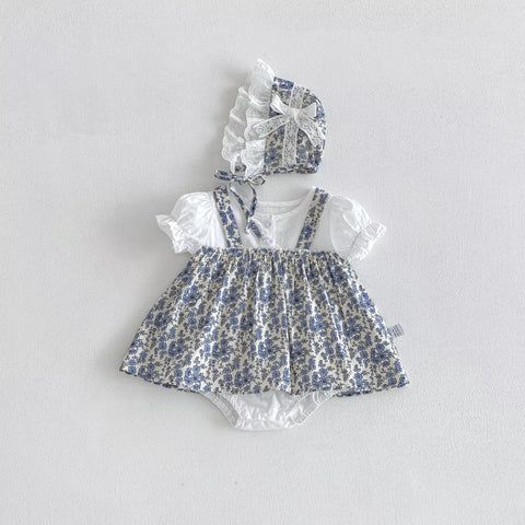 2 Baby Girl Floral Print Bodysuit Dress w/ Bonnet