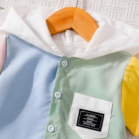 2 Pc Boys Hooded Colorblock Shirt & Shorts Set