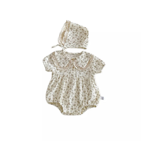 2 pc Baby Girl Floral Print Bodysuit w/ Bonnet Hat