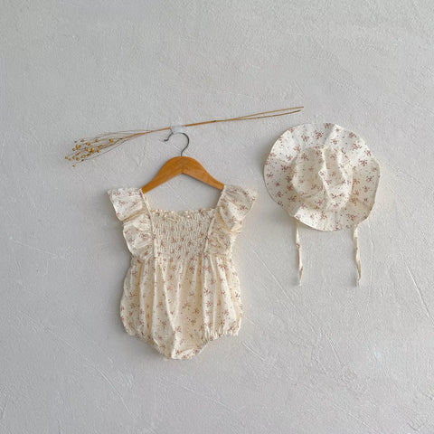 2 pc Baby Girl Floral Dots Bodysuit w/ Bonnet Hat