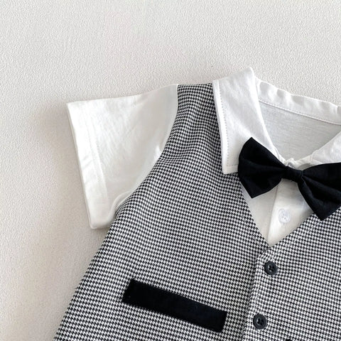 2 Pc Boys Houndstooth Bow Tie Vest Shirt & Shorts Set