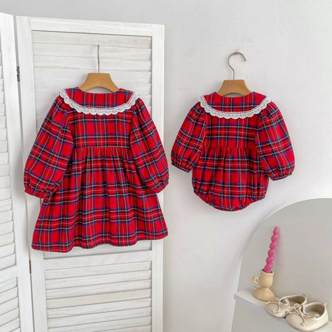 Girls Tartan Print Lace Collar Bodysuit or Dress