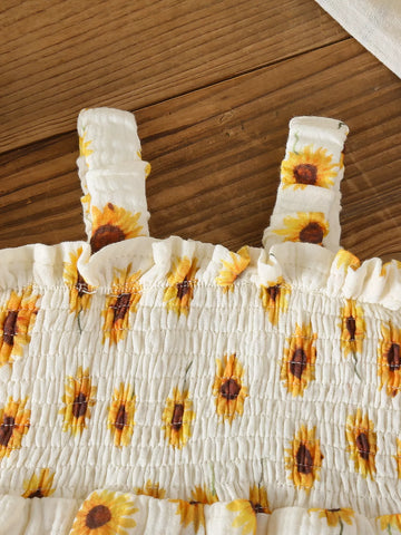 2 Pc Baby Girl Sunflower Smocked Bodysuit w/ Hat