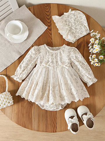 2 Baby Girl Autumn Flower Bodysuit w/ Bonnet Hat
