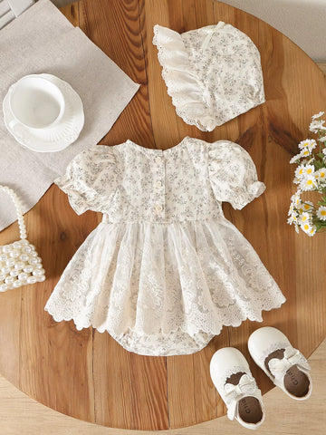 2 Baby Girl Autumn Flower Bodysuit w/ Bonnet Hat