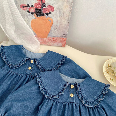 Girls Peter Pant Collar Denim Dress