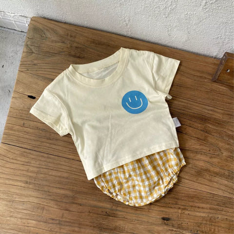 2 Pc Unisex Baby Happy Face Tee and Gingham Shorts