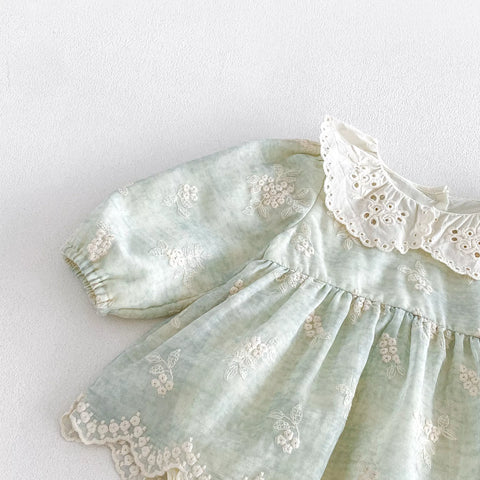 Baby Girl Floral Embroidered Lace Collar Bodysuit Dress