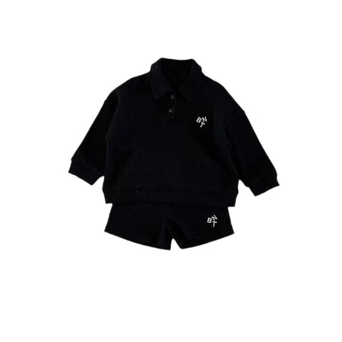 2 Pc Kids Ribbed Polo Sweatshirt & Shorts Set
